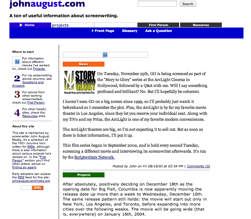 Johnaugust.com as it appeared September 2003