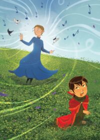 Girl in red cape annoyed by singing sister