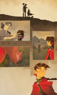 Girl in red cape says goodbye to Woodcutter 