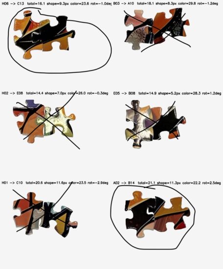 Six proposed piece matching illustrations. Two are circled to indicate they are correct, although the three have X's drawn through them to indicate they are incorrect.