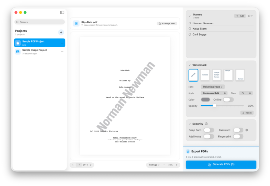 Screenshot of the main Bronson window with a sidebar on the left, a watermarked PDF in the middle, and controls for the watermark here on the right. 