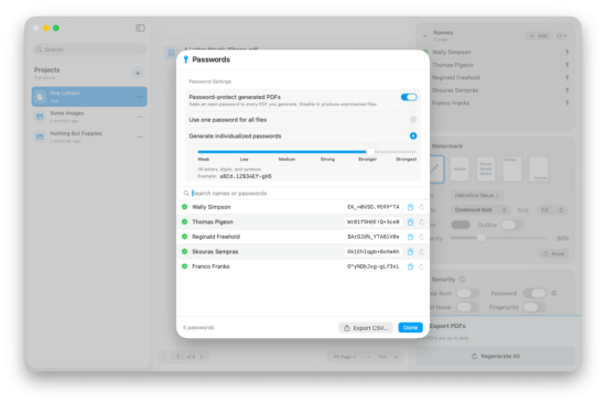 Screenshot of Bronson window. At the center, a passwords window shows the password strength setting and the list of password protected PDFs. 