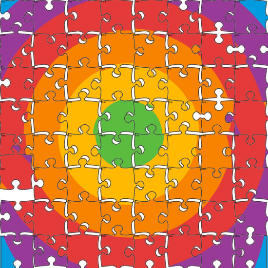 A roughly assembled version of the bullseye puzzle. The pieces at the center are properly aligned, but it gets more and more error prone as it approaches the edges.