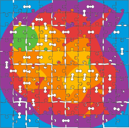 Computer generated assembly of a jigsaw puzzle. There are obvious mistakes where two sockets are adjacent or knobs are overlapping. It looks like a blob with a green circle offset in the northwest corner.