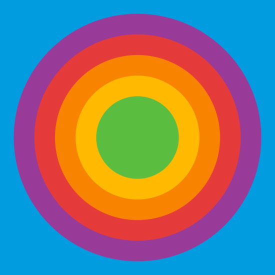 A bullseye with a green center and thick bands of yellow, orange, red, and purple at the center of a blue field.