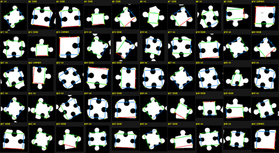 Rendering showing jigsaw puzzle pieces with dots indicating the system's proposed corner locations.