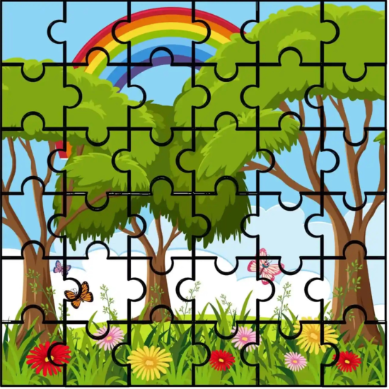 Simple jigsaw puzzle completed, showing three trees, a rainbow, and flowers.